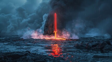 Dramatic Volcanic Eruption with Glowing Lava and Fiery Sword