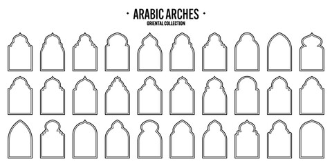Islamic frames, oriental style objects. Arabic shapes, windows and arches. Traditional ornamental banner, frame. Muslim holidays, Ramadan Kareem. Modern eastern architecture. Vector illustration