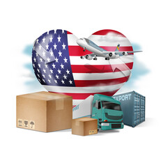 United States flag with different means of transporting goods to do business, importing and...