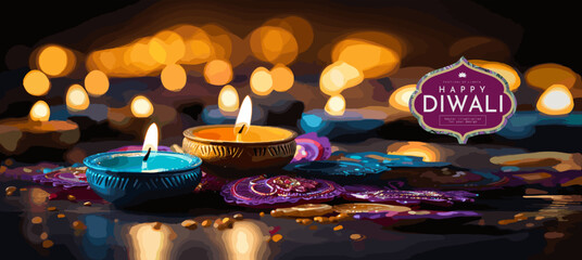 Happy Diwali. Celebrating the Festival of Lights. Vector illustration of a candle in a lamp for a banner, background or poster.	
