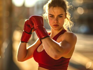 Determined female boxer in red gloves - obrazy, fototapety, plakaty