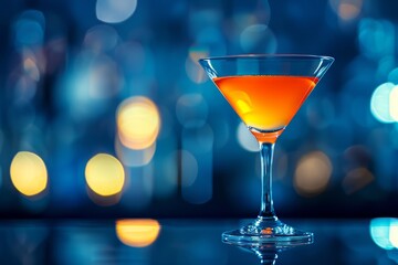 Vibrant cocktail in a martini glass against a blurred blue background with bokeh lights