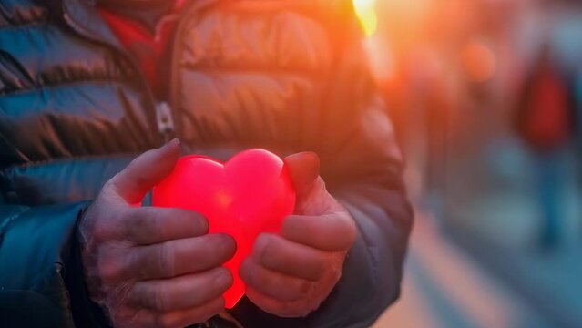 Twilight street scene with an elderly man tenderly holding a luminous, crackled red heart in his hands, a metaphor for compassion and love. Banner. Copy space