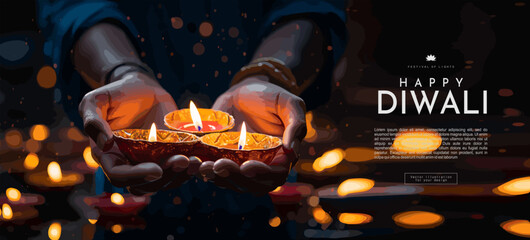 Happy Diwali. Celebrating the Festival of Lights. Vector illustration of hands holding a candle in a lamp for a banner, background or poster