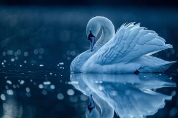 Fototapeta premium Serene swan on a tranquil lake at night