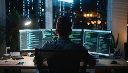 A male IT worker sits at his desk in front of three monitors, seen from behind and looking over the shoulder of an AI system that processes data on one monitor while displaying code Generative AI