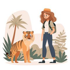 A woman is standing next to a tiger in a jungle