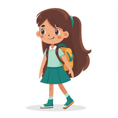 A girl wearing a green skirt goes to school