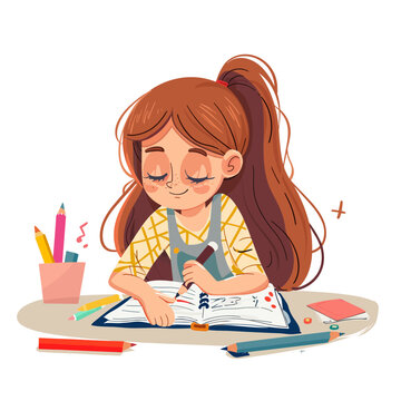 A girl is writing in a book. She is smiling and seems to be enjoying herself.