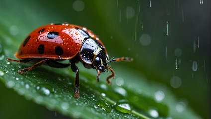 Naklejka premium a ladybug beetle on a rain-wet green leaf
