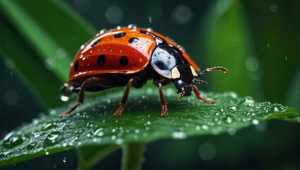 a ladybug beetle on a rain-wet green leaf