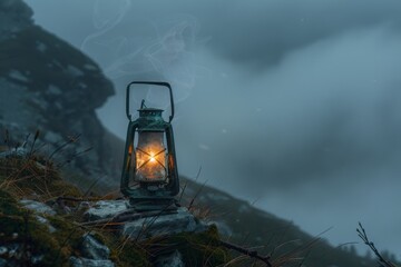 Glowing lantern in the misty wilderness
