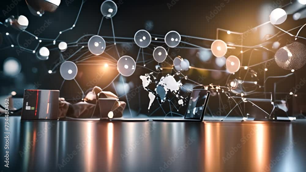 Poster Person Using Laptop at Table With World Map Background Generative AI