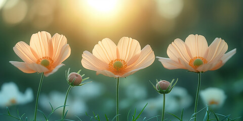 Floral green background, yellow cosmos flowers in spring