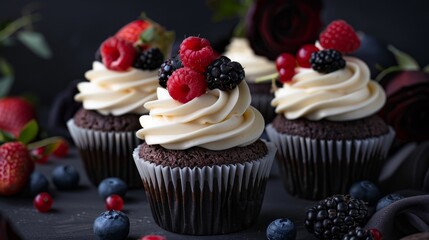 Delicious chocolate cupcakes with fresh berries
