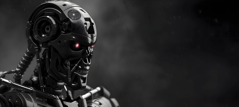 Fondo oscuro con Robot maligno en primer plano. Generado con tecnolog&iacute;a IA