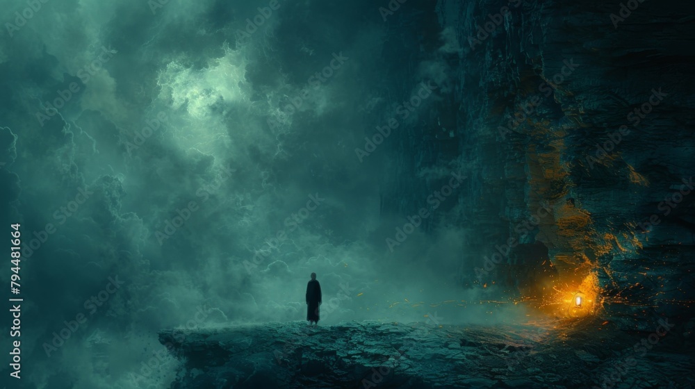 Poster a figure stands at the entrance of a dark cave holding a lit lantern to guide their way. the path to