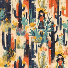 Bring a touch of Western charm to your space with this illustrated wallpaper featuring hand-sketched cacti, flowers, and girls in cowboy hats. Perfect for adding character to walls!