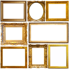 Collection of old empty art frames in different shapes isolated on white