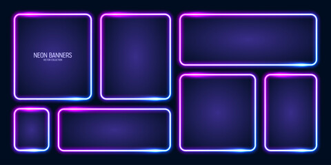 Glowing neon banners, illuminated colorful square frames. Shiny vibrant border, glow effect. Blue vintage retro lights, night illumination. Modern futuristic UI design elements. Vector illustration