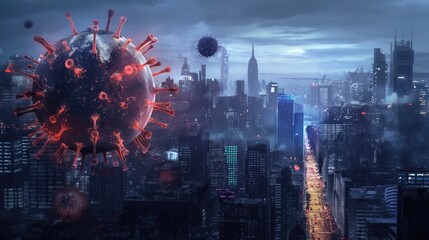 Virus on city background. Pandemic concept