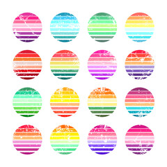 Grunge vintage sunset collection. Colorful striped sunrise badges in 80s and 90s style. Sun and ocean view, summer vibes, surfing. Design element for print, logo or t-shirt. Vector illustration