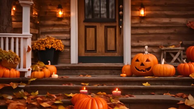 Porch Decorated With Pumpkins and Candles Generative AI