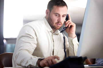 Man, office and telephone call with communication, computer and press button for voip tech in...
