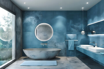 Contemporary modern bathroom interior in light blue colors, concrete and marble elements.