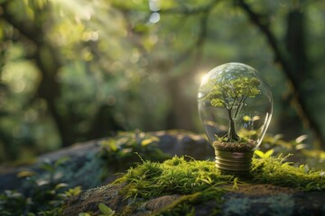 A light bulb with a tree growing inside it. The concept of environmental protection, respect for nature, sustainable development of the world, reasonable consumption. Renewable resources. - obrazy, fototapety, plakaty