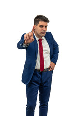 vertical Displeased Businessman Denying with Raised Finger white background