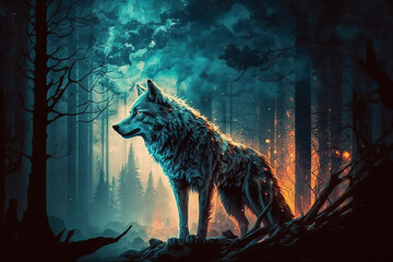 Wolf in the night forest - obrazy, fototapety, plakaty