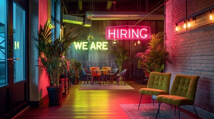 Fototapeta na wymiar A Radiant Beacon of Opportunity: 'We Are Hiring' Neon Sign Glows with Promise, Inviting Ambitious Talents to a Warm, Prospective Career Path in a Vibrant Workplace