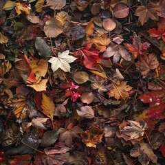 19. Autumn leaves and late blooms in a forest clearing, seasonal change showing both decay and life, rich colors and textures.