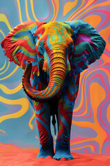 Majestic elephant adorned with a striking array of vivid paint applied over its natural grey skin, abstract poster design - 794487025