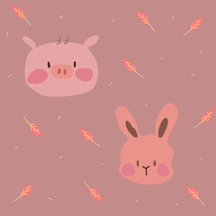 Cute Pig and Bunny Faces on Earthy Background