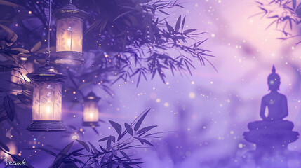 A dreamy lavender background with "Vesak" in bold, featuring serene meditations and illuminating lanterns.