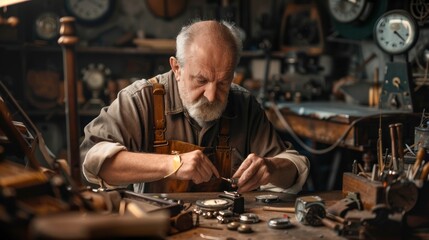 senior man working as a watchmaker in his workshop