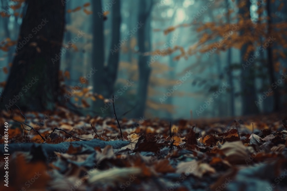 Poster dappled serenity: a tranquil forest with sunlight filtering through towering trees. forest ground de