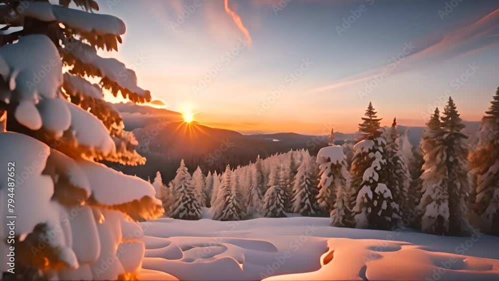 Poster sun setting over snowy mountain generative ai