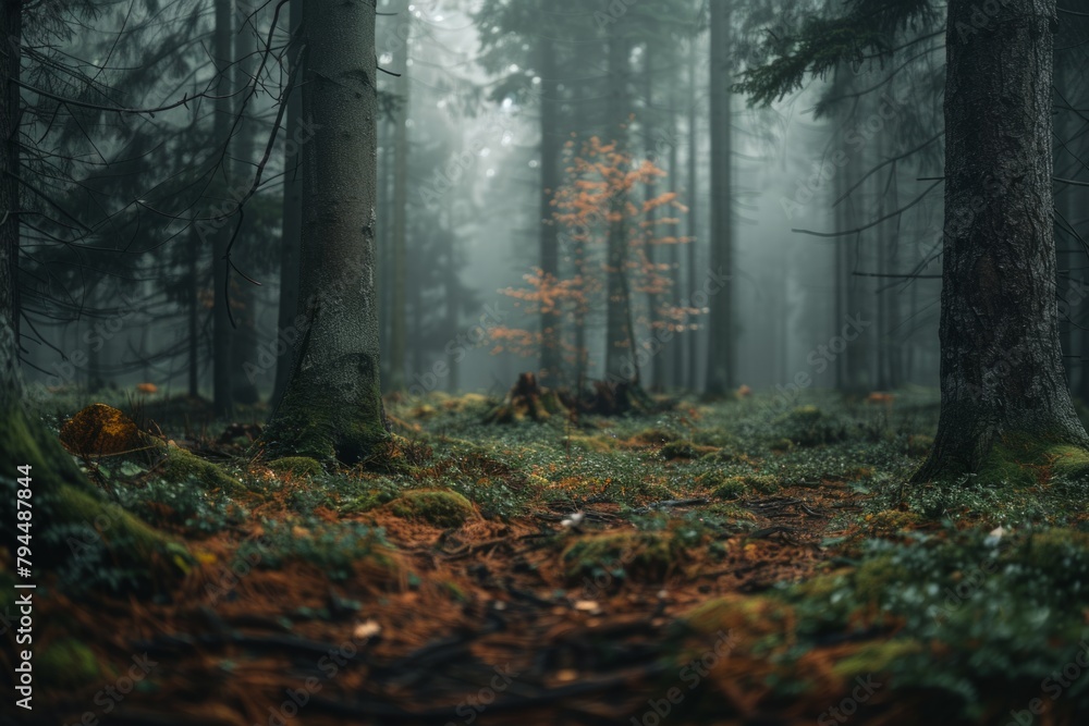 Poster rustling symphony: a forest alive with trees and a lush carpet of leaves. forest ground sparse