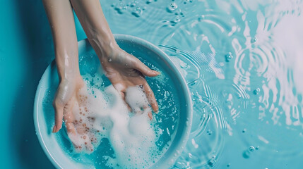 Fototapeta premium Hands submerged in a soapy basin of water, creating bubbles and ripples, indicative of cleaning or hygiene. 