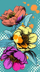 flowers blossom in pop art style for postcards