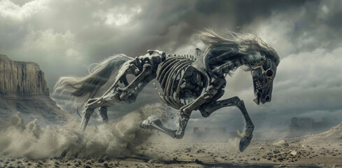 A skeletal horse gallops through the desolate landscape its hooves kicking up clouds of dust as it carries its ghostly rider to an unknown destination. . - obrazy, fototapety, plakaty