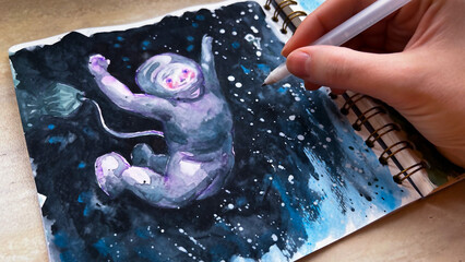 POV drawing stars around cosmonaut floating in open space using white gel pen on watercolor. Sketching illustration of astronaut. Sketchbook. Film grain texture. Soft focus. Blur