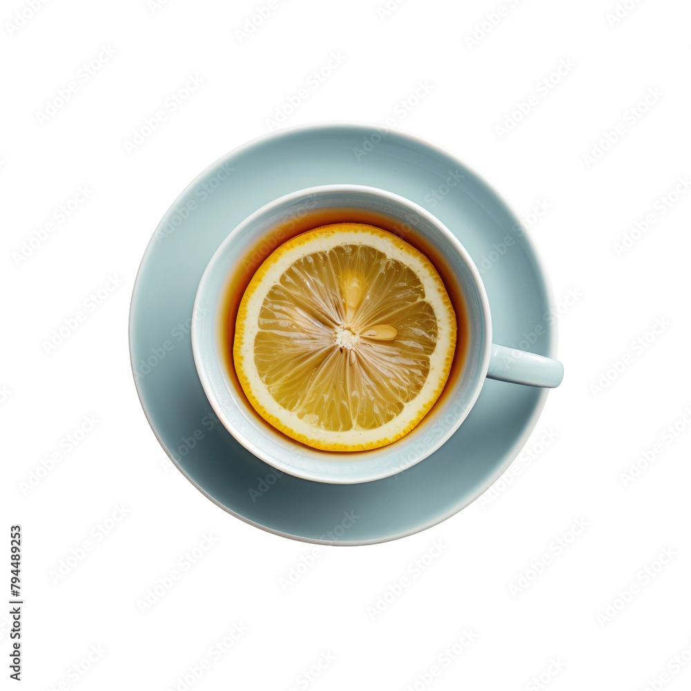 Poster a top down view of a tea cup and pot adorned with a slice of lemon set against a sleek grey backdrop