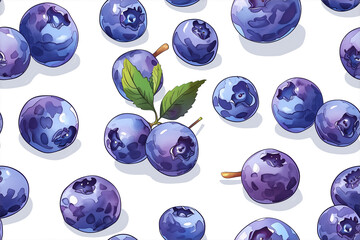 An enticing seamless pattern showcasing glossy, plump blueberries with subtle highlights and shadows, artfully arranged on a white background, capturing the essence of fresh summer berries - obrazy, fototapety, plakaty