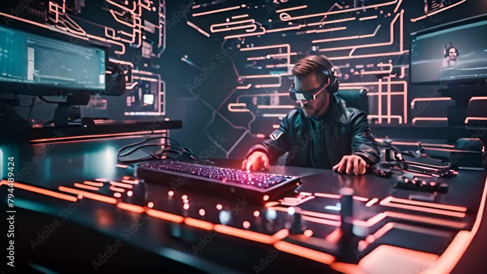 Poster man sitting at desk with keyboard generative ai