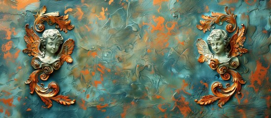 Twin Baroque angelic cherub figures oxidized copper relief verdigris background decorative panel, copy space.