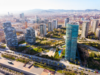 Image of european city Barcelona with view of blocks of flats, Spain